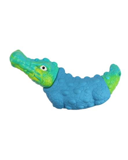 Moulded two-tone crocodile chew toy with a blue body and a raised dotted surface