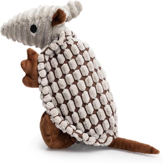 Plush armadillo toy with a segmented shell pattern across the back