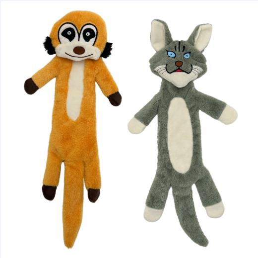 Two long-bodied flat plush toys in orange and grey, each with an embroidered face