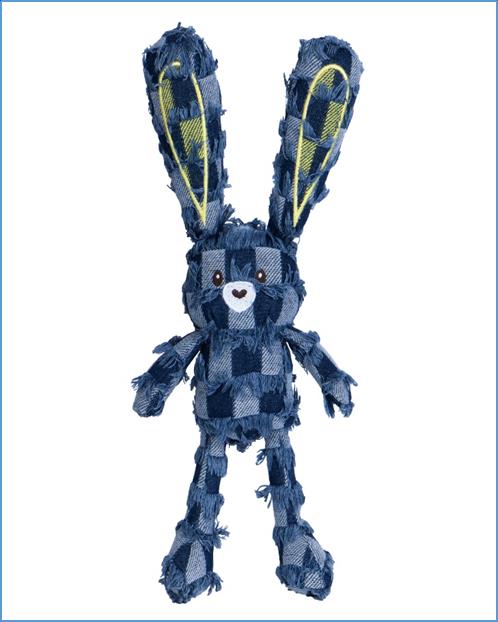 Flat plush toy in blue and grey plaid fleece with frayed fringed ends