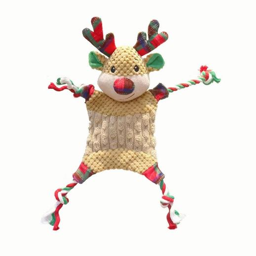 Plush reindeer dog toy with a red harness detail and a quilted surface over the fill